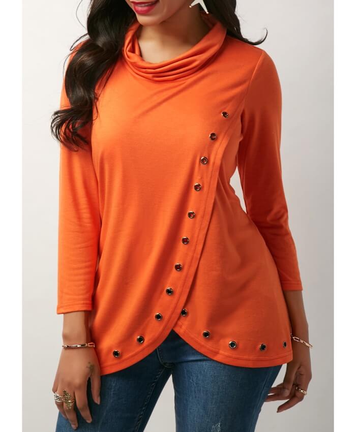 Asymmetric Hem Metal Eyelet Detail Blouse